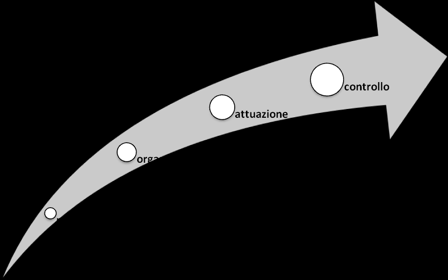 Fig. 29 - I momenti del processo direzionale La fase della pianificazione consente di impostare la linea da seguire per la realizzazione di determinati obiettivi, in considerazione del tempo