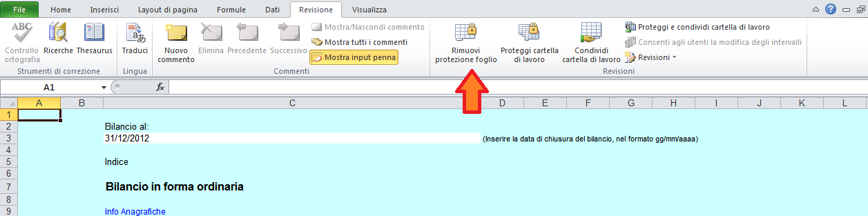 Vademecum Utente sperimentazione Nota Integrativa XBRL 2014 protezione foglio. La protezione si può poi reinserire con la funzione speculare Revisione / Proteggi foglio.