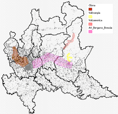 Figura 1: Aree telerilevate Area Kmq Olona 653 Valtrompia 63 Valcamonica 144 A4/Bergamo/Brescia 1202 TOTALE 2062 Nella seguente tabella 5, relativa alle quattro aree mappate, sono sintetizzate le