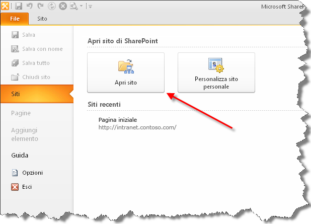Attività 8 - Creare un flusso di lavoro riutilizzabile mediante SharePoint Designer 1. Aprire SharePoint Designer 2010 da Start Tutti i programmi SharePoint Microsoft SharePoint Designer 2010. 2. Fare clic su Siti e quindi su Apri sito.
