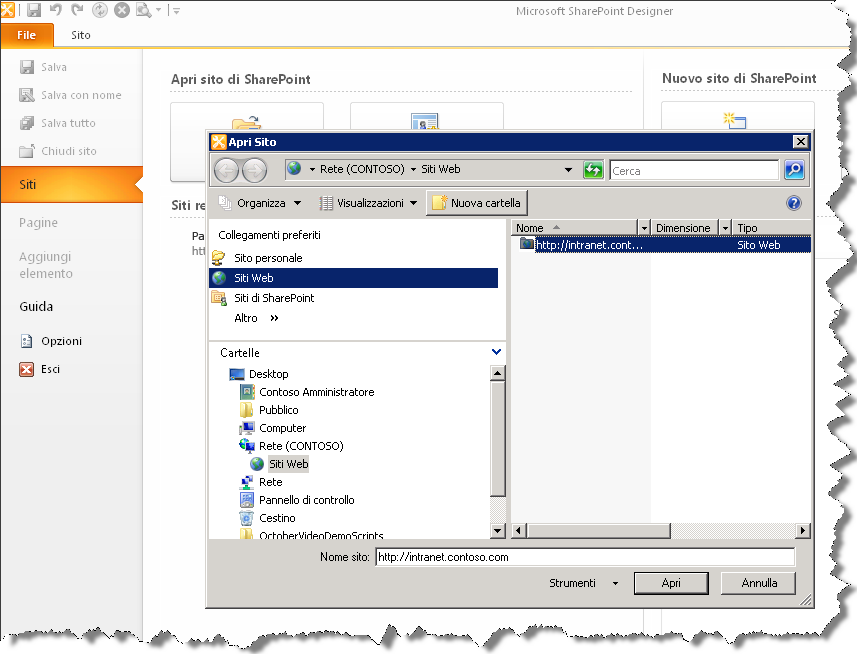 3. Nel campo Nome sito specificare http://intranet.contoso.