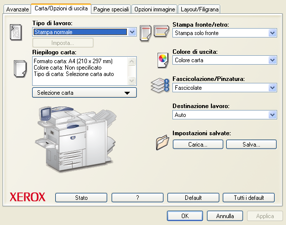 Struttura del driver Il driver organizza le funzioni sulle seguenti schede: Carta/Opzioni di uscita, Pagine speciali, Opzioni immagine, Layout/Filigrana e Avanzate.