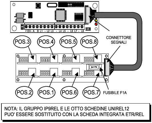 6.1 Collegamenti elettrici per le espansioni Collegamento della scheda IP9REL e schedine a relè UNIREL12 NOTA: i dispositivi qui identificati con il