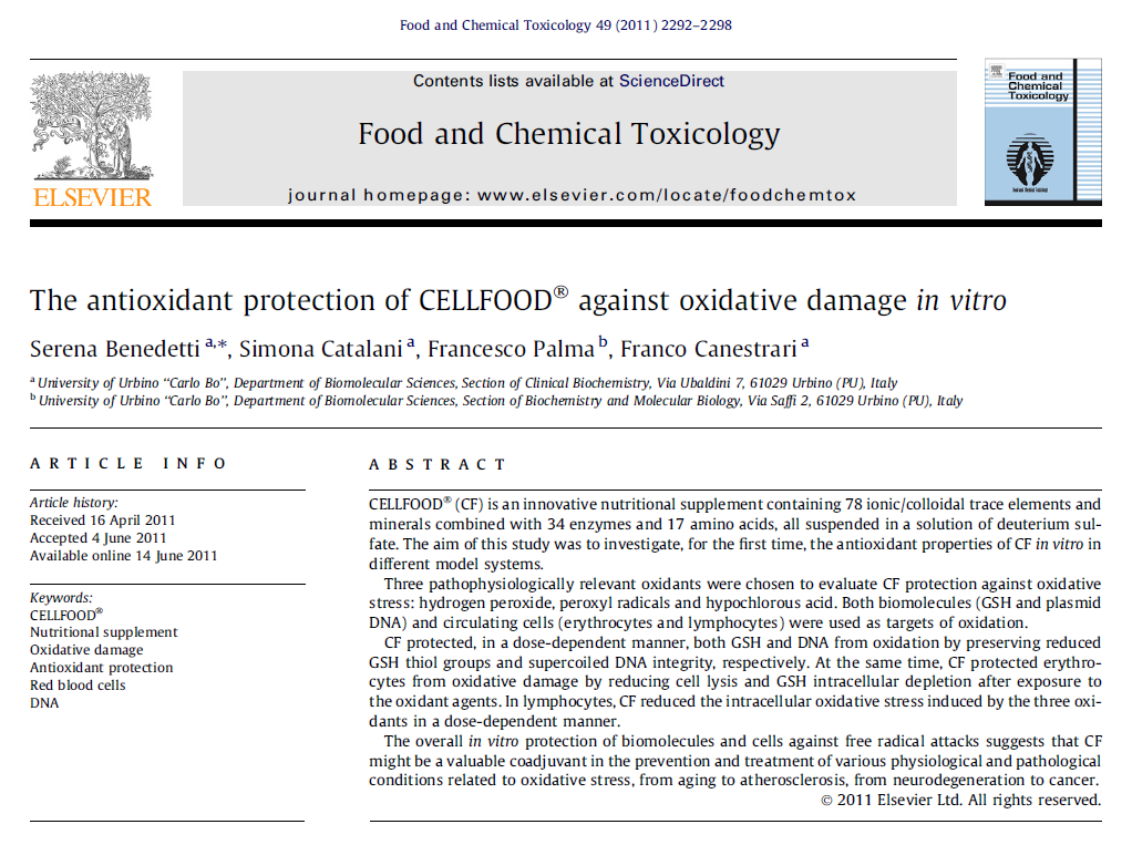 PROPRIETA ANTIOSSIDANTI DI CELLFOOD Integratore naturale (dall alga marina Lithothamnion calcareum) contenente 78 elementi e