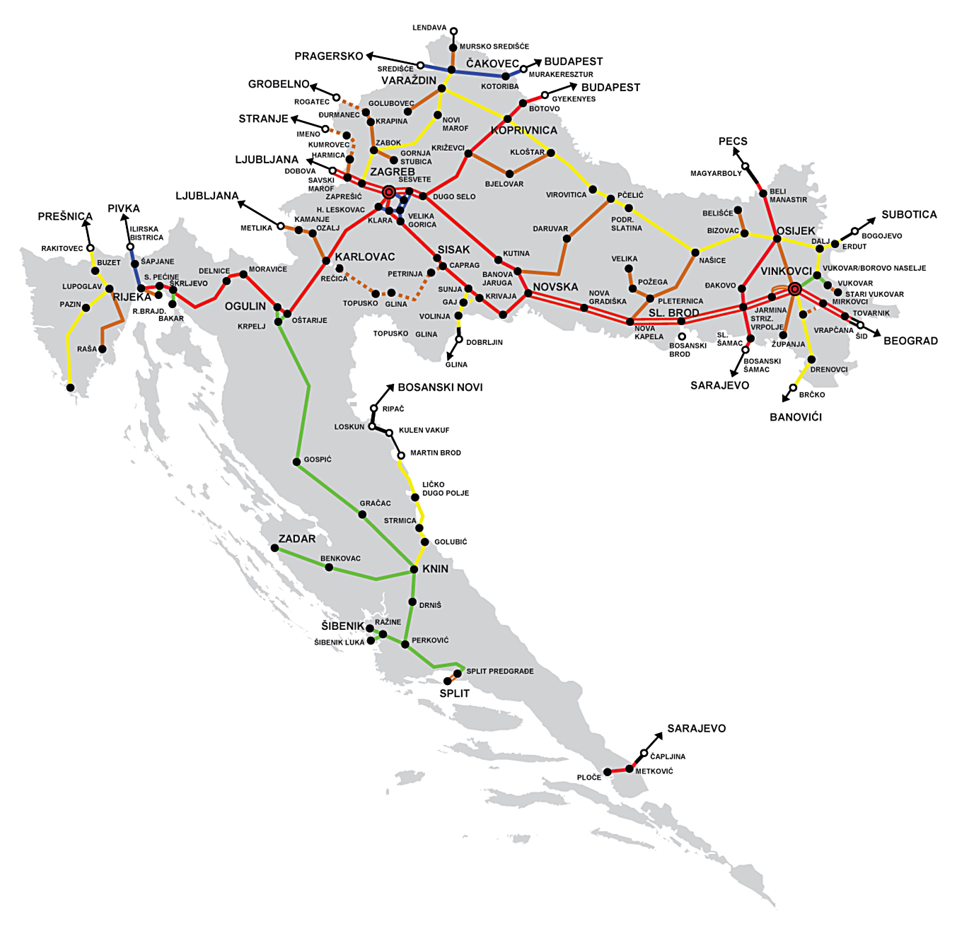 2.1.2. Ferrovie Ferrovie in Croazia Rete di connessione internazionale Rete internazionale Rete semiinternazionale Rete regionale Rete locale Fonte: Ministero degli Affari Marittimi, dei Trasporti e