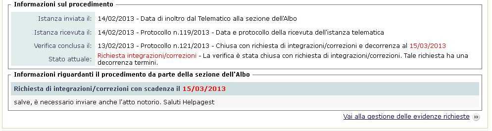 nel riquadro Storico istanze telematiche 31 AGEST Telematico Risposta richiesta