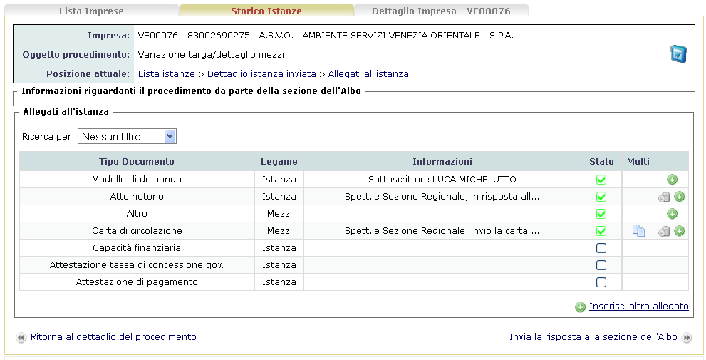 AGEST Telematico Risposta richiesta Integrazione - Evidenze L impresa può aggiungere oltre agli allegati anche un commento 33