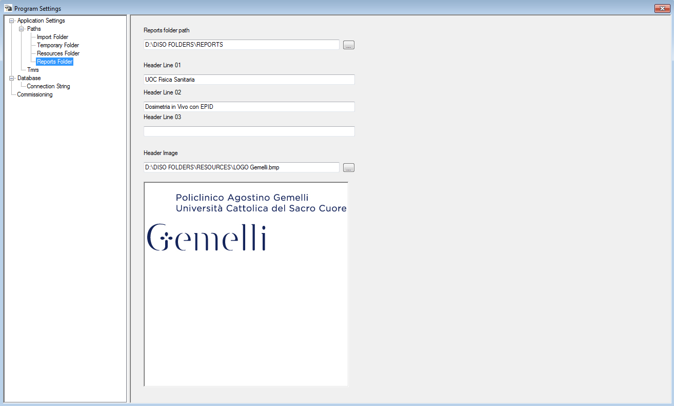 Configurazione dei Reports Header Line 01: Nome Ospedale Header Line 02: Dipartimento Header Line 03: Indirizzo Header Image: Inserire percorso file logo Istituto, formato Jpg o Bmp 7.