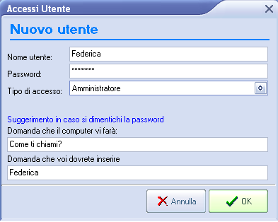 2) e si aprirà la seguente finestra: Fig. 1.4 Fate click su Nuovo Utente (Fig 1.4) e visualizzerete la finestra sotto riportata: Fig. 1.5 Basterà digitare il nome, la password, selezionare il tipo di accesso e il nuovo utente verrà creato.