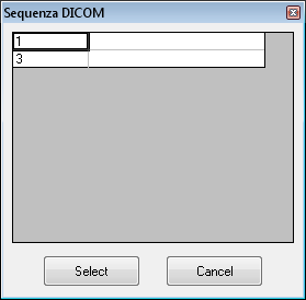se sono presenti più sequenze DICOM comparirà la seguente maschera: E necessario selezionare la prima riga (la prima sequenza) e cliccare Select; verificare quindi se nell elenco a sinistra sono
