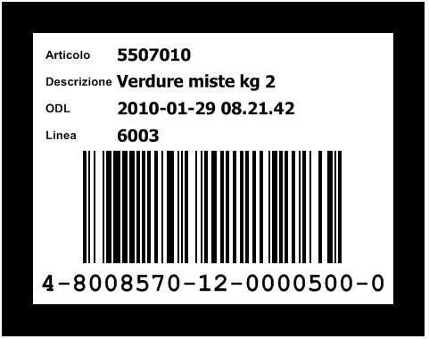 Pag. 13 di 16 Figura 6 - Etichetta prepallet Nel caso non sia operativo un pallettizzatore automatico sarà installata una postazione con stampante di etichette in formato A5: prima del processo di