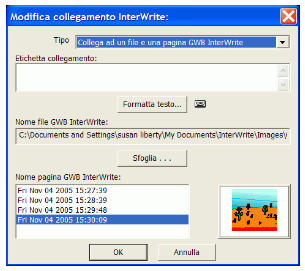 Strumenti Varie Collegamenti Interwrite Lo strumento Collegamenti InterWrite permette di aggiungere un collegamento del tipo scelto alla pagina corrente nella Finestra Annotazione.