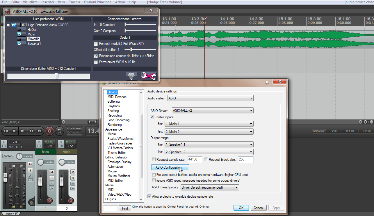 Utilizzando il driver asio4all nel menù PREFERENCES selezionare "Asio configurazione" per il
