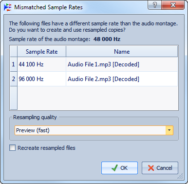 Montaggio Audio Assemblaggio del montaggio audio Frequenze di campionamento non conformi durante l'inserimento di file audio Quando si inseriscono file audio con una frequenza di campionamento