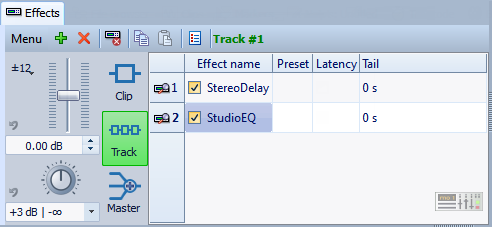 Montaggio Audio Effetti per tracce, clip e uscita master Finestra Effetti In questa finestra è possibile aggiungere plug-in degli effetti a tracce, clip e uscita master, nonché modificare le