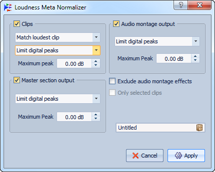 Montaggio Audio Meta-Normalizzatore del volume Finestra di dialogo Meta-Normalizzatore del volume In questa finestra di dialogo, è possibile regolare il volume di ciascuna clip nel montaggio audio,