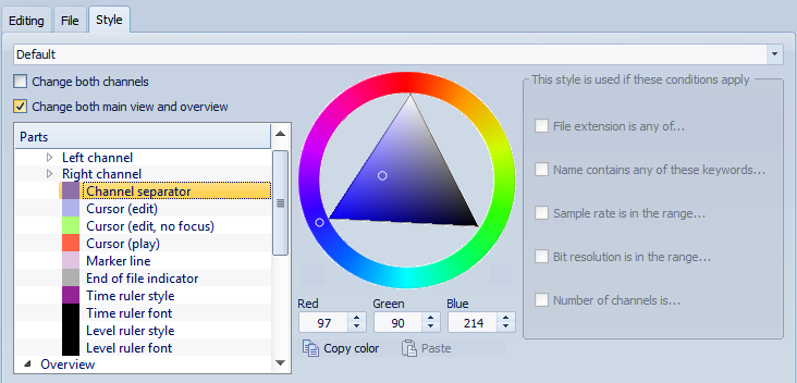 Configurazione del software Gestione delle impostazioni Linguetta Stile Questa linguetta consente di specificare colori personalizzati per le parti della finestra wave.