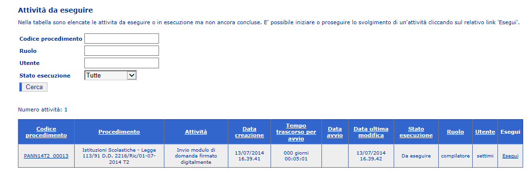 Dopo aver cliccato su Attività da eseguire è possibile visualizzare la griglia riportante tutti i dati della domanda trasmessa e per la quale si è deciso di effettuare