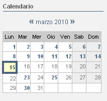 Blocco Calendario Mostra il mese corrente per difetto. Selezionando il mese o il giorno è possibile visualizzare gli eventi in maggiore dettaglio per il periodo desiderato nell'area destra del sito.