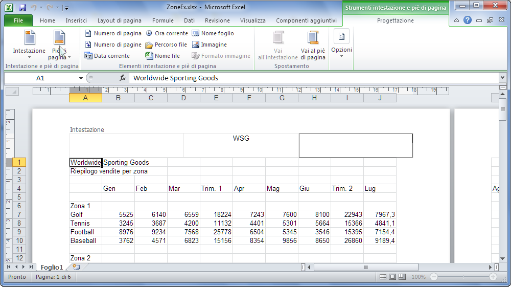 Spreadsheets Le intestazioni e i piè di pagina inseriti verranno automaticamente stampati su ogni pagina del documento.