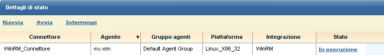 Visualizzazione e controllo dello stato di agenti o connettori 11. Fare clic su WinRM_Connector per visualizzare i dettagli di stato. Inizialmente, lo stato è In attesa di configurazione.