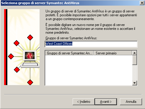 186 Installazione dei server Symantec AntiVirus Distribuzione di un installazione server tramite una connessione di rete 3 Nel pannello Seleziona gruppo di server Symantec AntiVirus, effettuare una