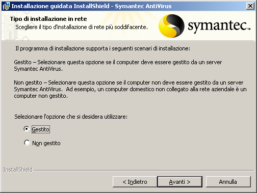 204 Installazione dei client Symantec AntiVirus Installazione in locale dei client Symantec AntiVirus 7 Nel pannello Tipo di installazione, selezionare una delle seguenti opzioni: Completa