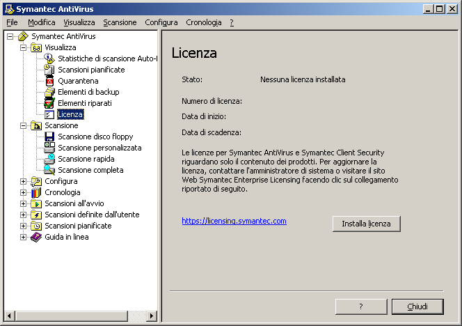 Licenze di contenuto Licenze per i client non gestiti 255 Per installare una licenza da un client non gestito 1 Nel riquadro sinistro della finestra principale del client Symantec AntiVirus, fare
