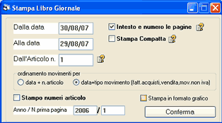 Pag.45 Argomenti correlati: Inserimento Fatture e registrazioni iva, Registri Iva Stampa libro giornale Il libro giornale riepiloga cronologicamente tutte le operazioni registrate in contabilità