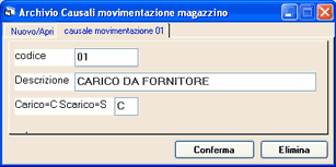 Pag.56 Causali movimentazione magazzino In questo archivio definiscono le causali di movimentazione del magazzino che è obbligatorio codificare se si desidera movimentare il magazzino.