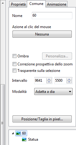 La scheda Modalità originale fornisce ugualmente gli stessi elementi ma la posizione dell oggetto è data in pixel in relazione al centro della finestra e in % delle dimensioni in relazione alle