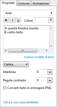 Al clic sul pulsante nella Barra degli Oggetti, la parola Testo compare al centro della vostra diapositiva e la scheda Proprietà viene attivata.