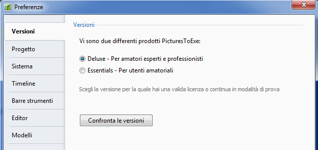 PicturesToExe è disponibile in due versioni: 1. Essentials 2. Deluxe Le due versioni sono assolutamente identiche nella loro presentazione e interfaccia.