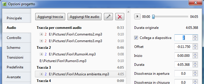 Con un clic destro del file audio Questo metodo permette di collegare un solo audio di ciascuna traccia a una diapositiva.