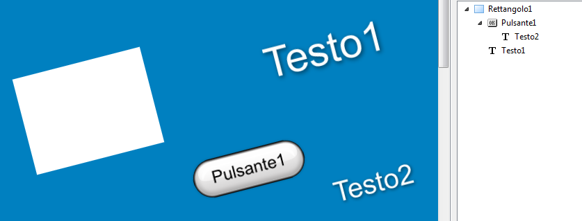 Nell esempio qui a lato, l oggetto Rettangolo1 era selezionato al momento dell inserimento dell oggetto Testo1. Similmente, l oggetto Pulsante1 è stato aggiunto come Figlio dell oggetto Rettangolo1.