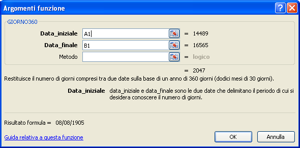 Scegli la cella A1 per la data iniziale e la cella B1 per la data finale, come in figura. Lascia la casella Metodo vuota.