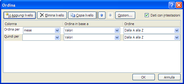 G. Pettarin ECDL Modulo 4: Excel 150 Ordinare i dati Se vuoi ordinare le righe in base al contenuto di due o più colonne, assegnando delle etichette di colonna all'elenco che si desidera ordinare