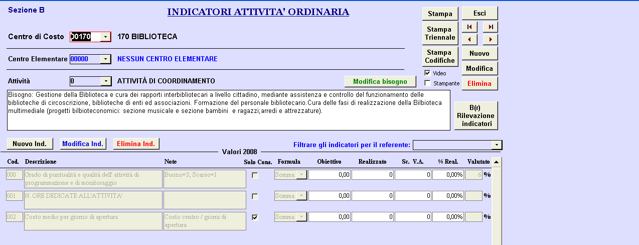 SEZIONE B ATTIVITA ELEMENTARI: - INDICATORI Tab.1 Lettura e scrittura Cliccando sul pulsante B si entra nella sezione B-Indicatori di attività che contiene le Attività elementari del centro di costo.