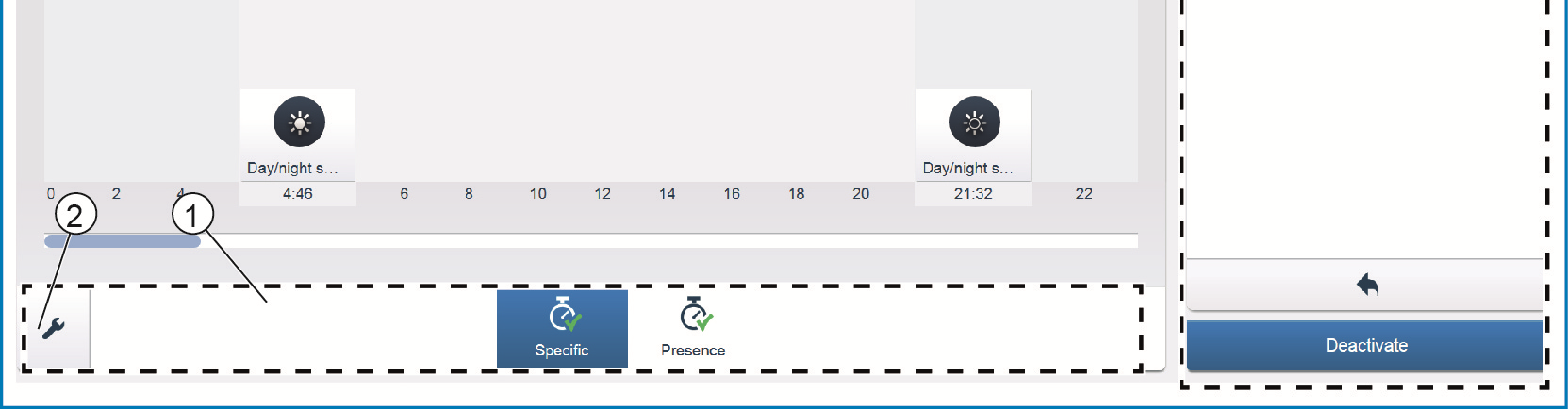 Si possono crare più profili temporali attivandoli / disattivandoli indipendentemente (spunta verde = profilo temporale attivo > vengono eseguite le azioni di commutazione salvate). È possibile ad es.