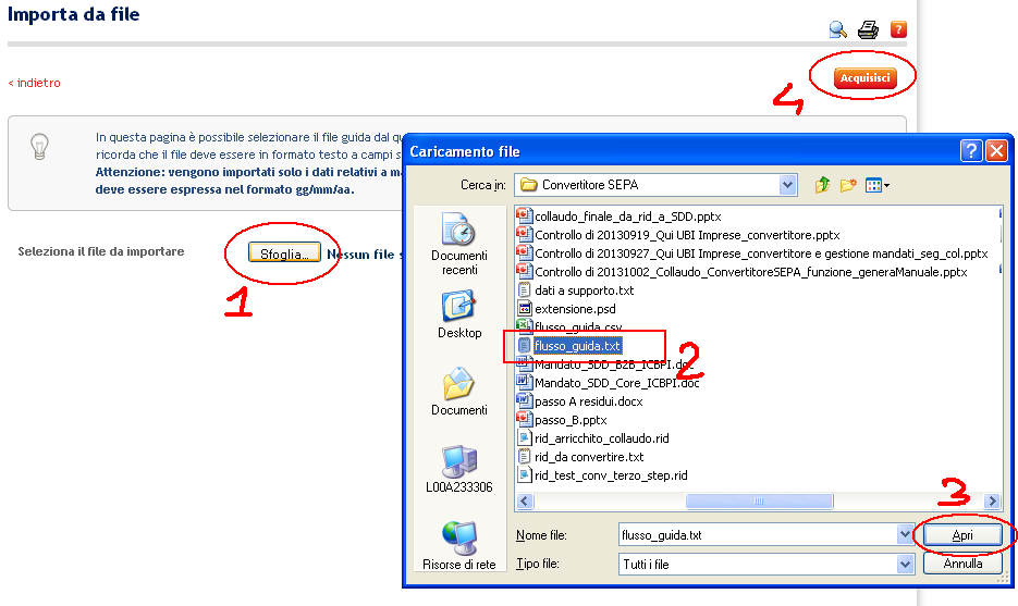 5.2 Importa da file guida La compilazione della tabella con importo, scadenza e descrizione dell addebito può essere fatta anche in maniera automatica, partendo da un file guida che può essere