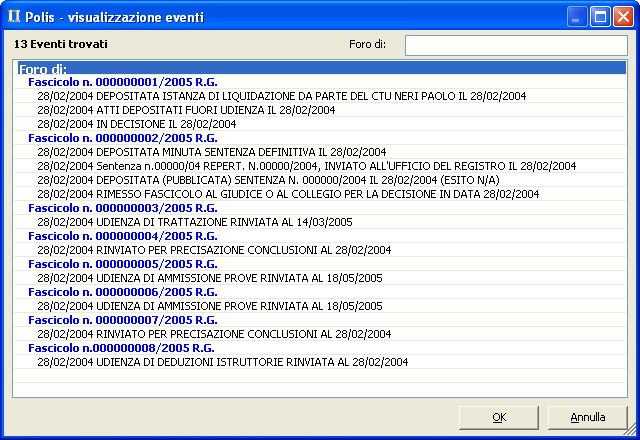 Per confermare l'inserimento degli eventi nell'archivio di Suite Avvocato Elite, l'utente può fare clic sul pulsante OK e gli eventi saranno immediatamente consultabili nella sezione Polisweb