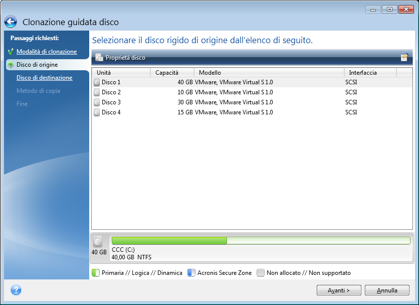 Se il programma trova due dischi, uno partizionato e uno non partizionato, riconoscerà automaticamente il disco partizionato come disco di origine e quello non partizionato come disco di destinazione.