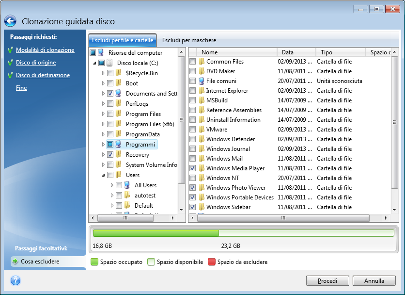 Si consiglia di non escludere i file nascosti e di sistema nella clonazione della partizione di sistema.