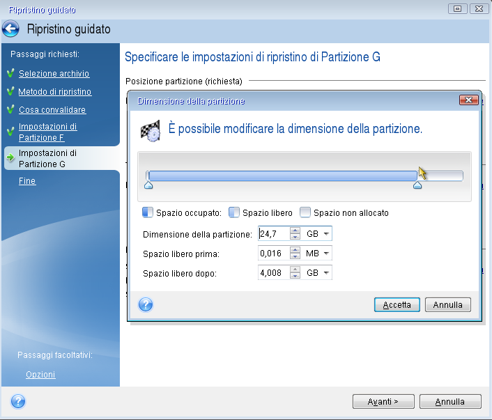 11. Nel passaggio Impostazioni della partizione C specificare le impostazioni per la seconda partizione, che in questo caso è la partizione di sistema.