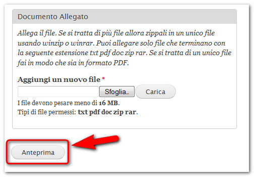 Ed infine occorre allegare il documento vero e proprio (obbligatorio) preparato a parte ed in formato opportuno.