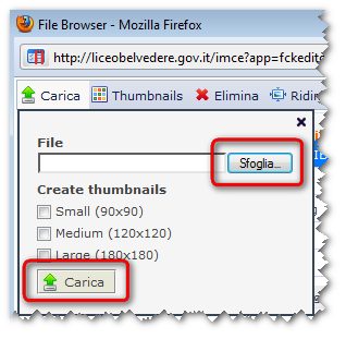 Vi apparirà infine la maschera che vi permetterà di cercare con Sfoglia l'immagine sul vostro computer e poi con Carica di