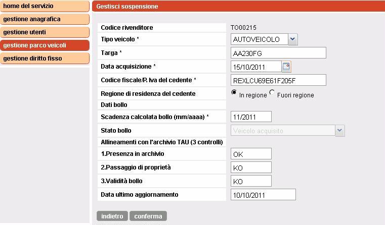 Figura 19 - Modifica veicolo - Acquisito Figura 20 - Modifica veicolo Modificati i dati