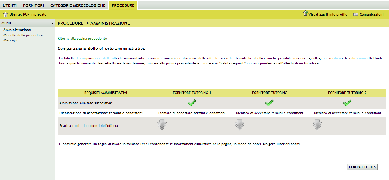 Figura 89 Grazie a questa funzionalità è possibile vedere nello stesso momento tutte le offerte ricevute, verificare il loro stato (se ammesso oppure no alla fase successiva) ed eventualmente
