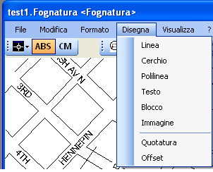 Menù Disegna Il menù Disegna presenta i comandi che si descrivono di seguito: Linea: utilizzare questo comando per disegnare una linea fra due punti; dopo averlo attivato, fare click con il mouse sul