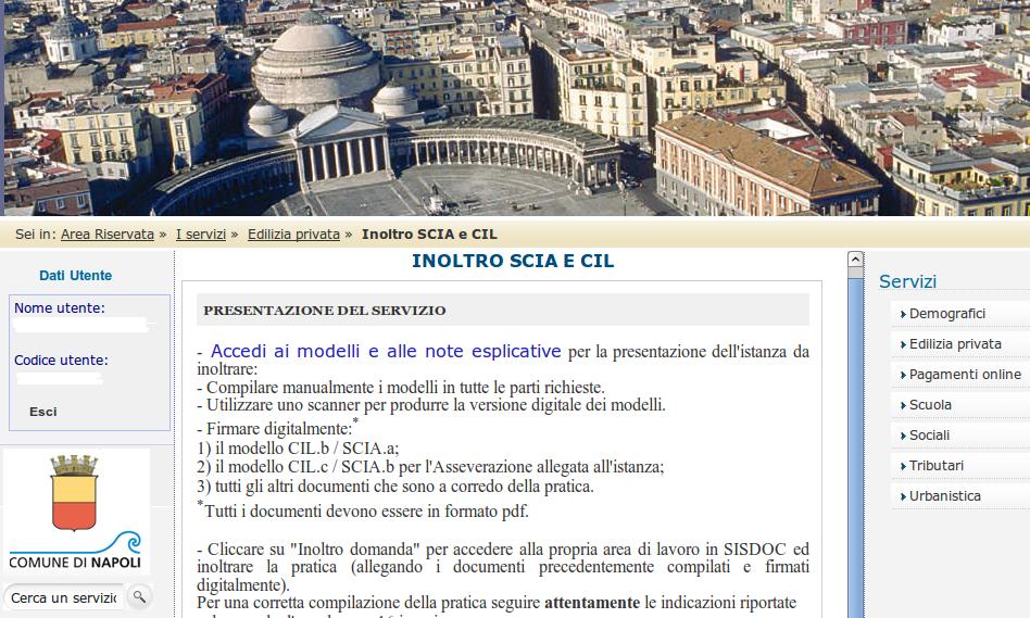 USCIRE DA SISDOC E DAI SERVIZI ONLINE DEL COMUNE DI NAPOLI Per